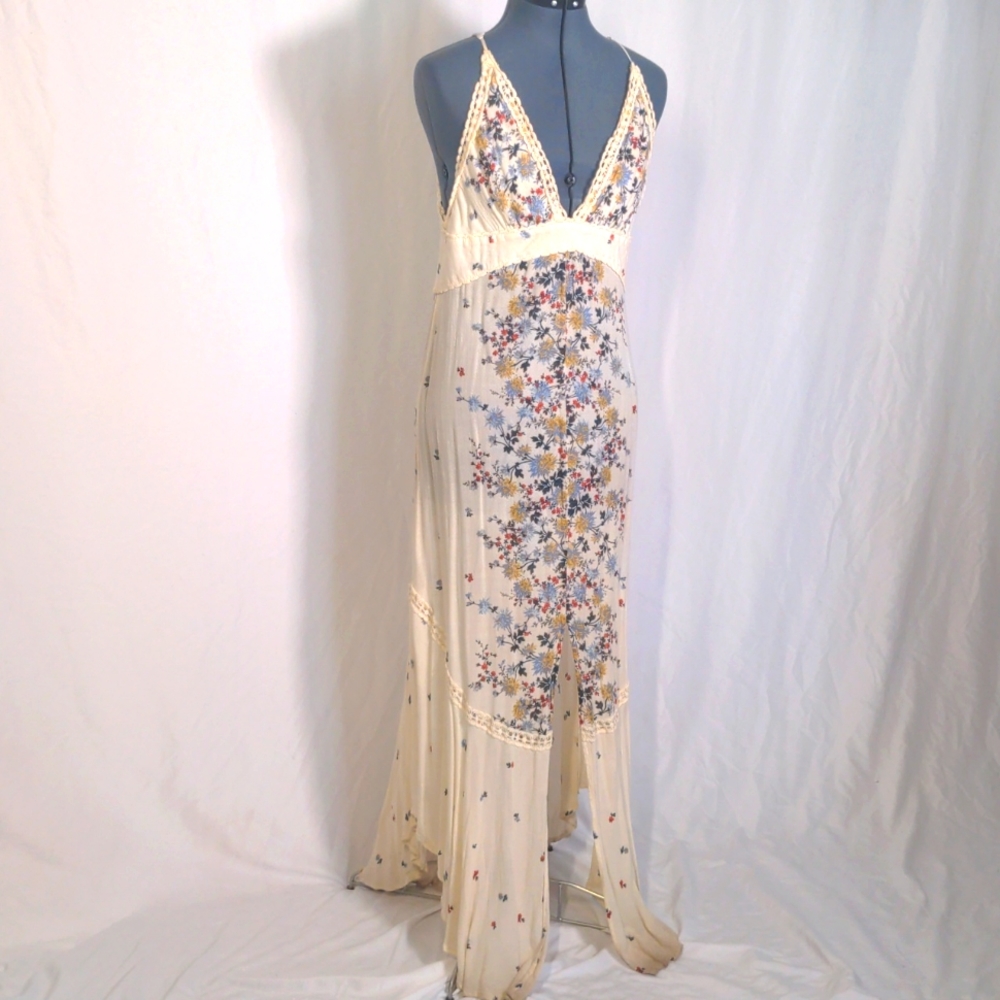 Cream Floral Spaghetti Strap Maxi Dress with Lace Free People